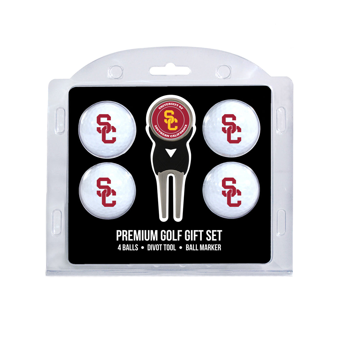 USC Trojans four ball golf gift set with divot tool and ball marker