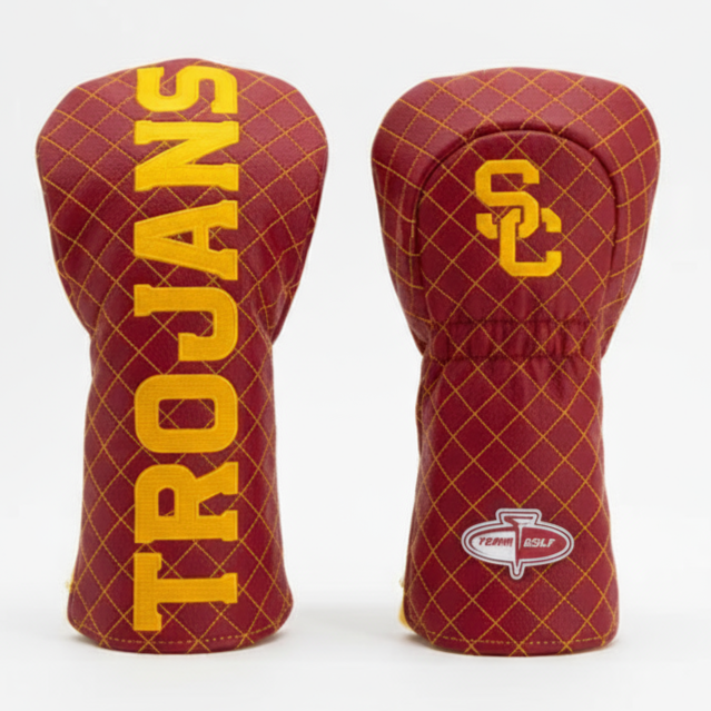 Two golf club head covers with 'Trojans' text and logo on a white background
