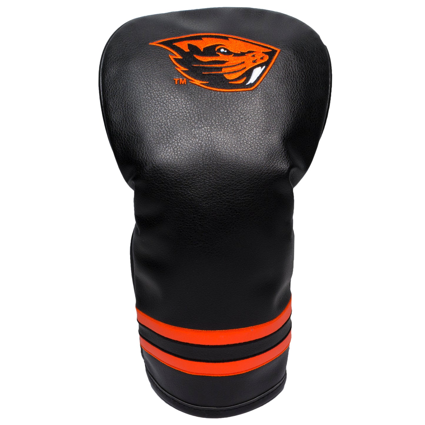 Black golf club head cover with orange logo and stripes on a white background