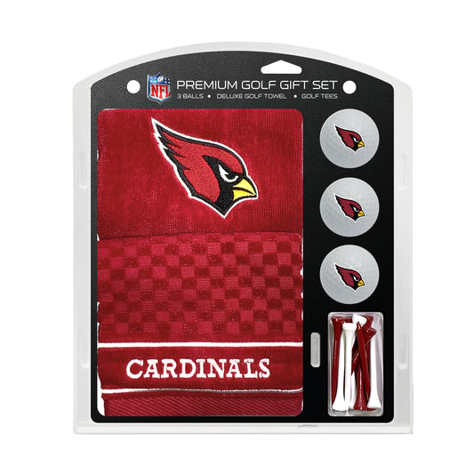 Cardinal-themed golf gift set with towel, balls, and tees in packaging