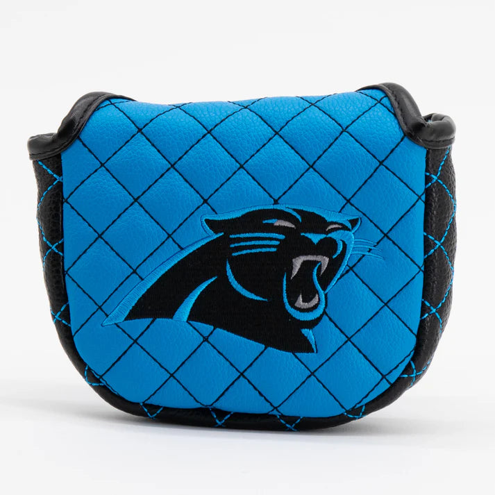 Blue quilted bag with a black panther logo on a white background
