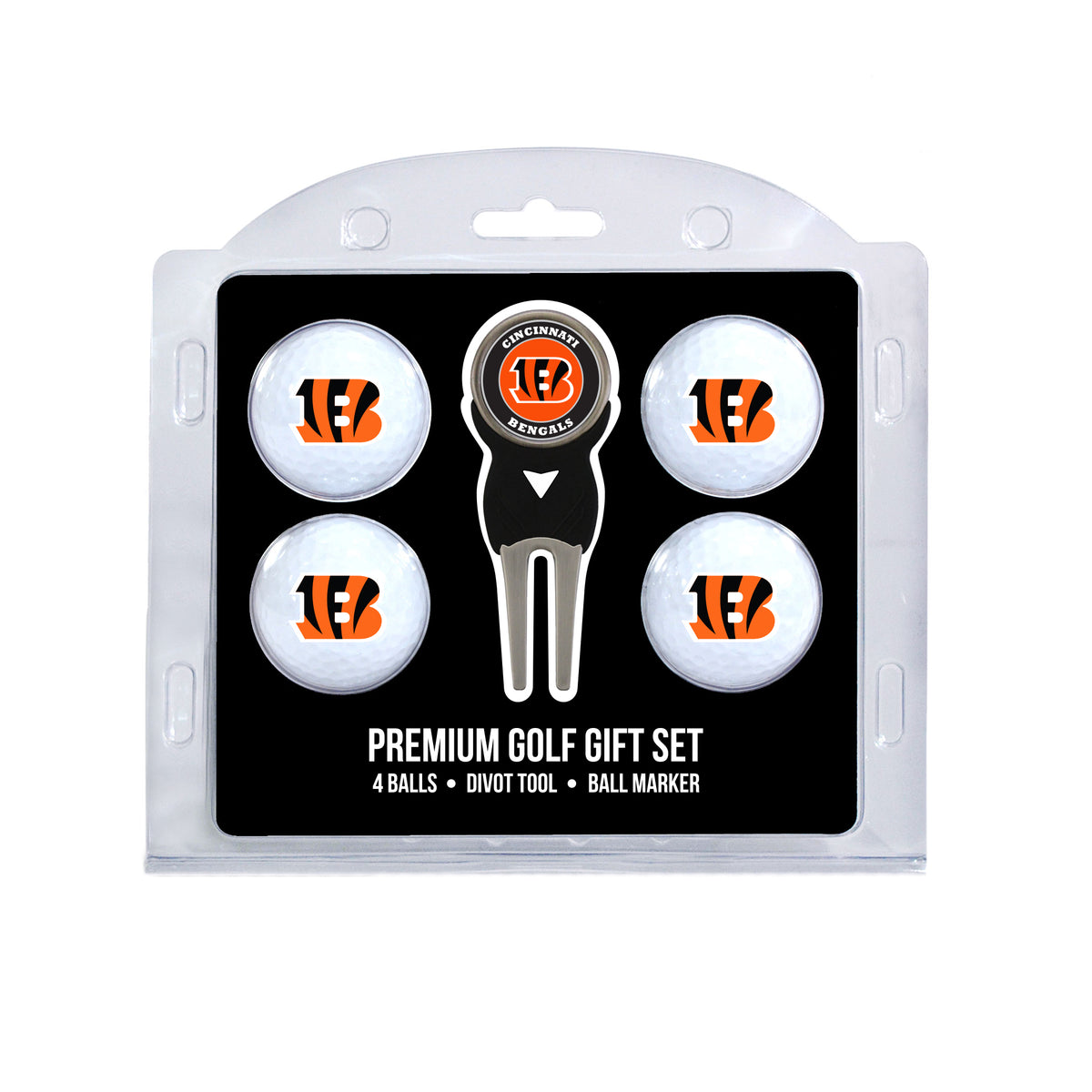 Cincinnati Bengals four ball golf gift set with divot tool and ball marker