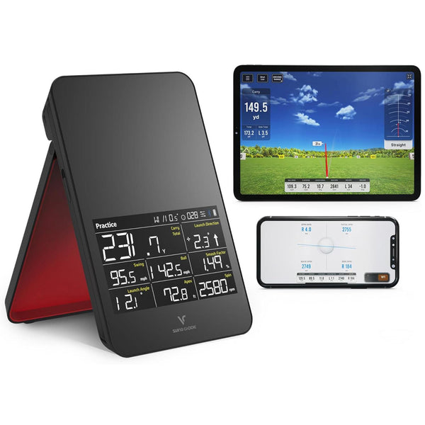 Swing Caddie SC4 Pro launch monitor shown with tablet and phone app screens
