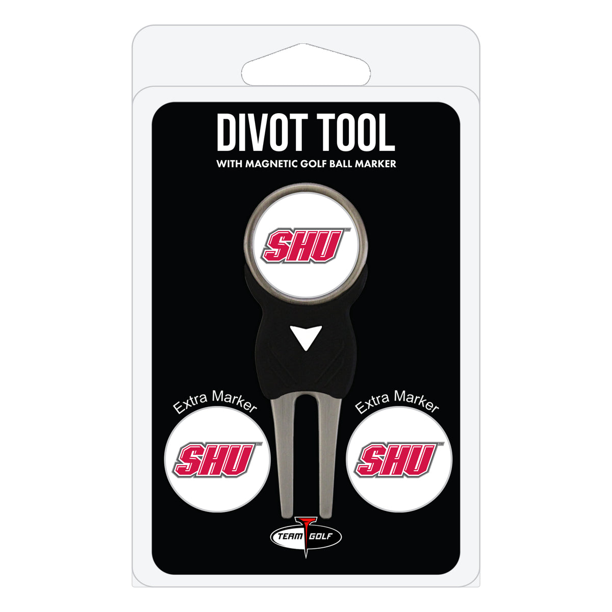 Sacred Heart Pioneers divot repair tool and three ball markers