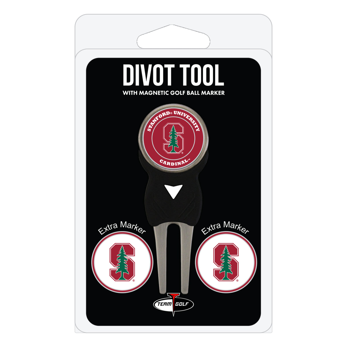 Stanford Cardinal divot repair tool and three ball markers