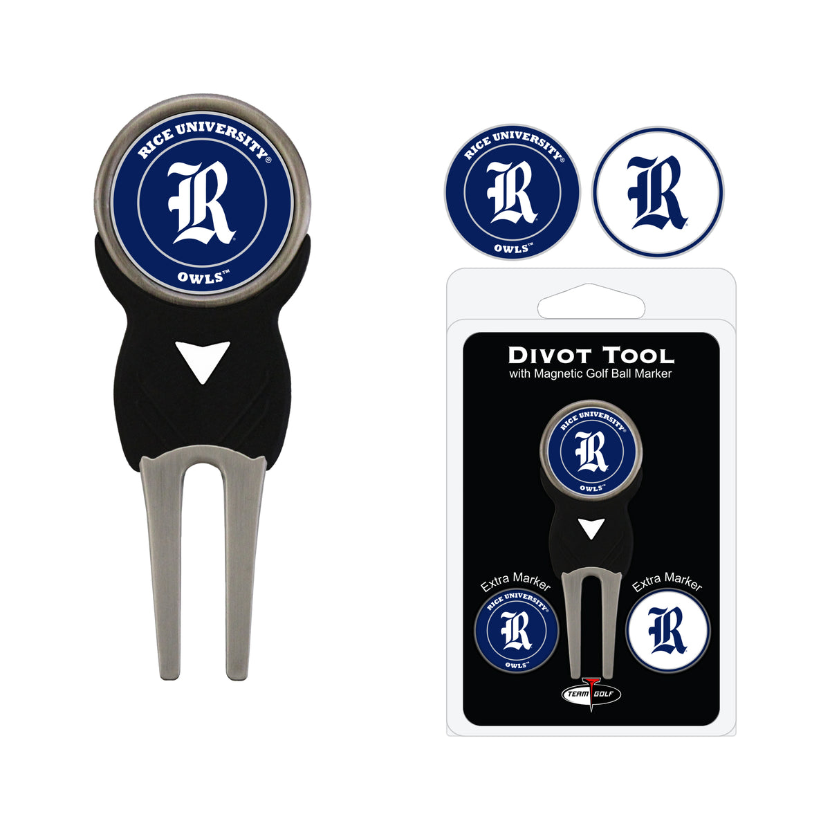 Rice Owls divot tool and three navy and white ball markers