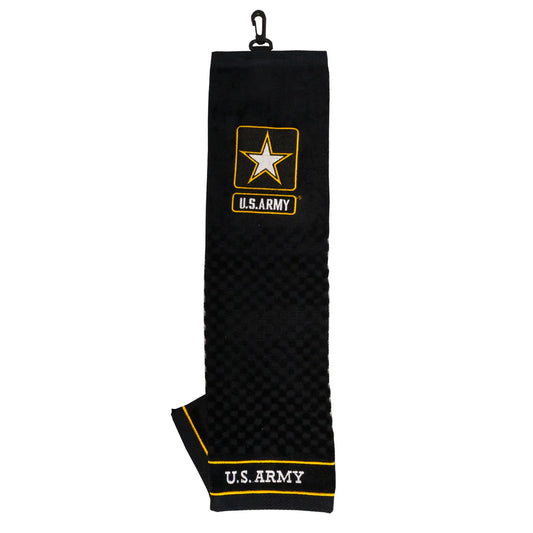 Black U.S. Army embroidered golf towel with yellow star logo, waffle texture and swivel hook at top against white background