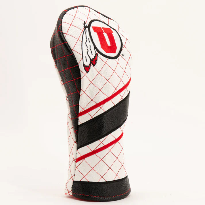 Golf club head cover with grid pattern and red 'U' logo on a white background