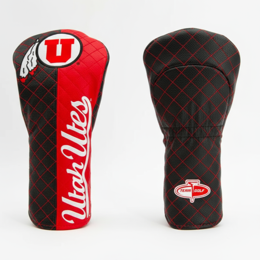 Two golf club head covers, one red and black with a logo, the other plain black, on a white background.