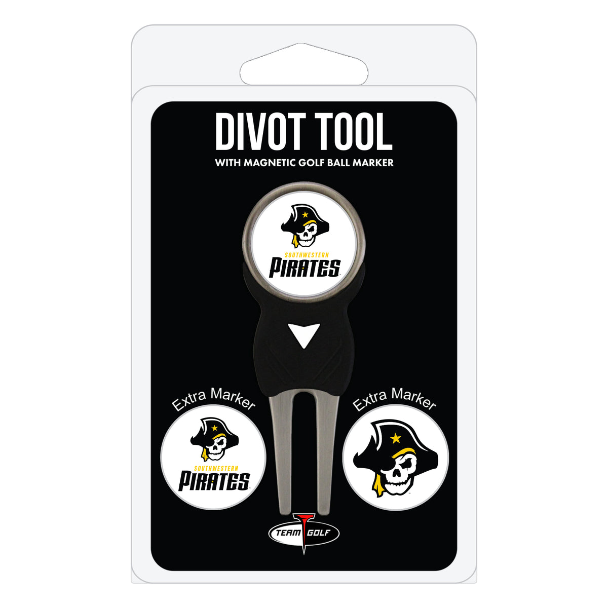 Southwestern Pirates divot repair tool and three ball markers