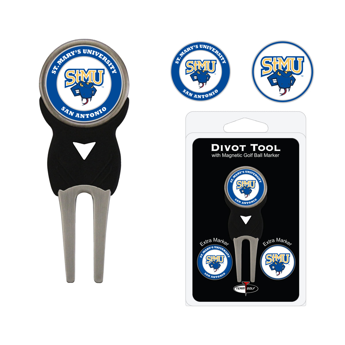 St. Mary's Rattlers divot repair tool and three ball markers