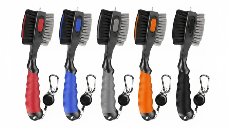 Set of five cleaning brushes with colorful handles on a white background