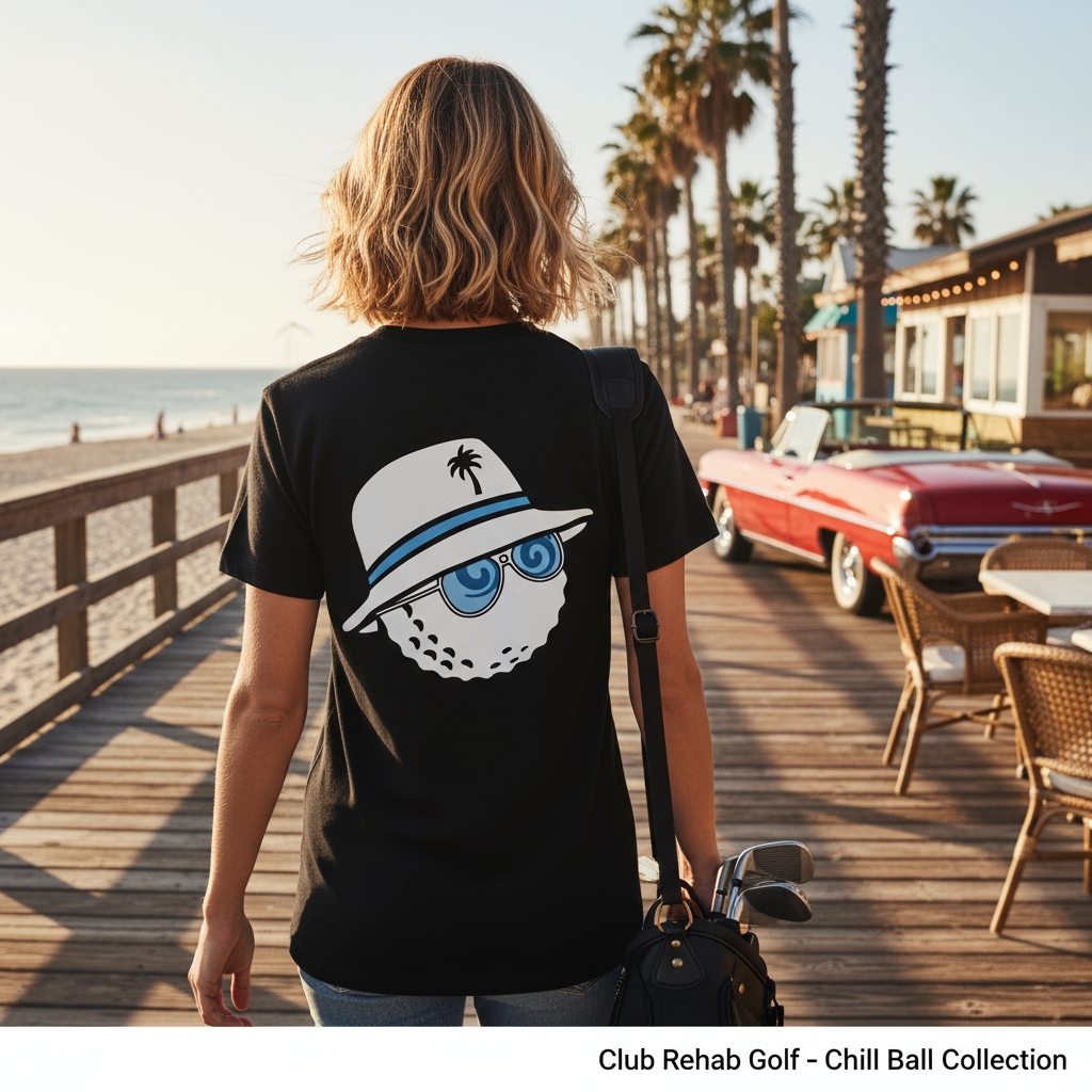 Person wearing a black t-shirt with a graphic design on a wooden boardwalk by the beach.