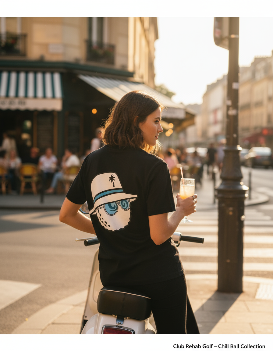 Woman in a black t-shirt with a graphic design, holding a drink on a city street.