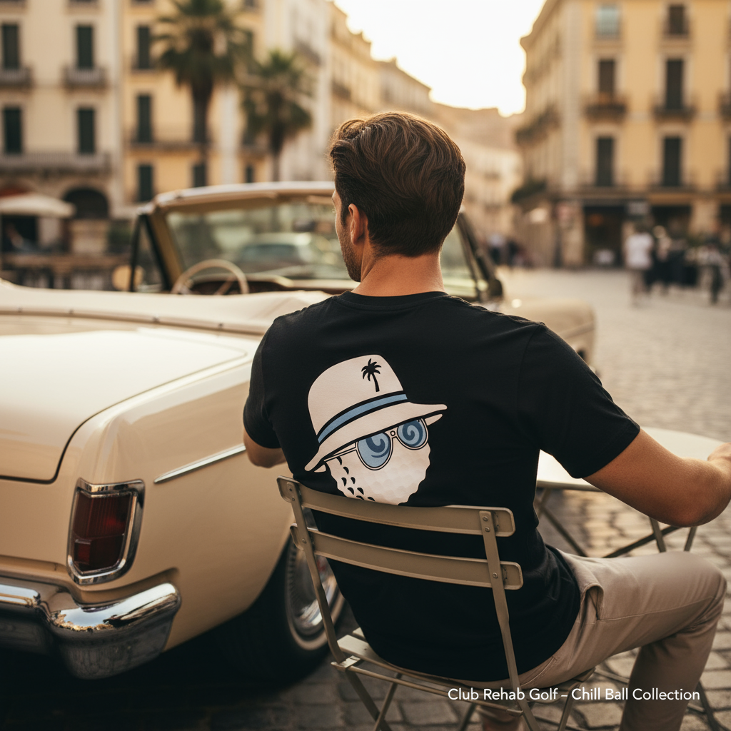 Man sitting on a chair in front of a vintage car with a palm tree design on his shirt.