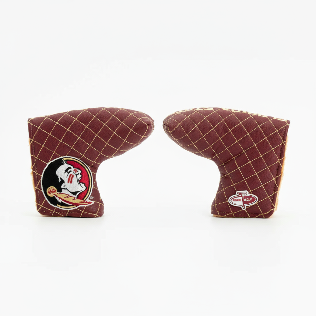Two brown golf club head covers with logos on a white background