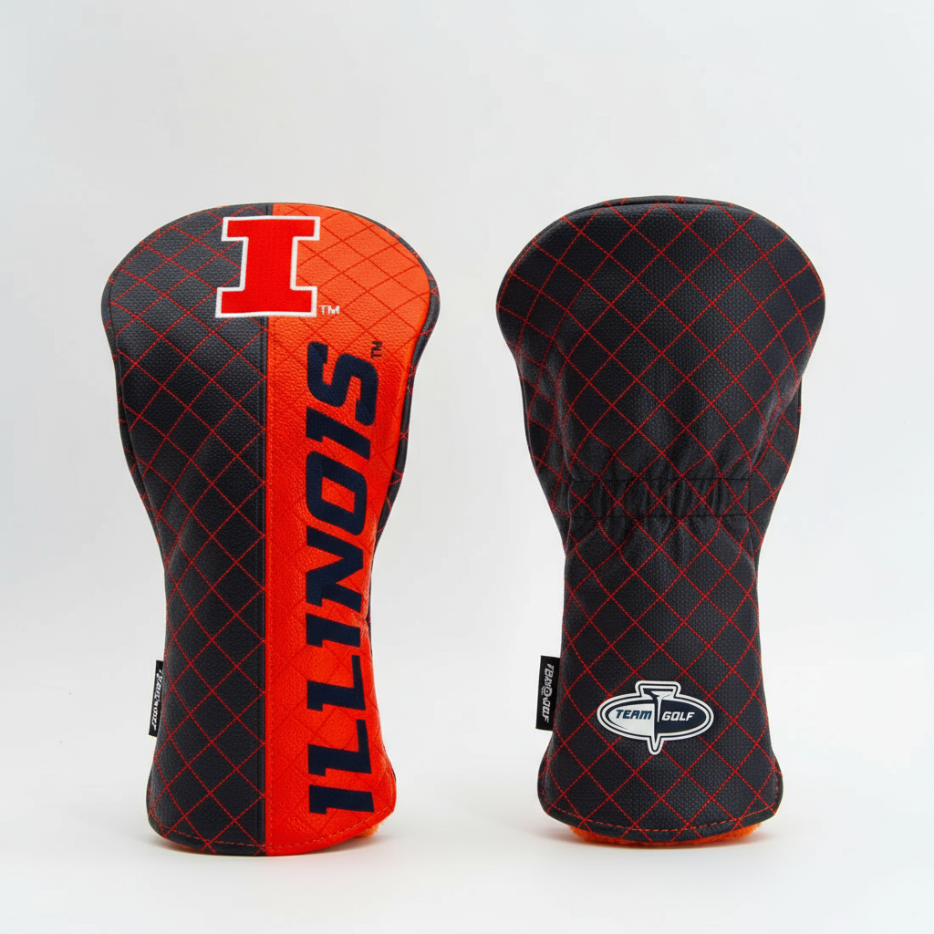 Golf club head covers with 'Illinois' branding on a white background