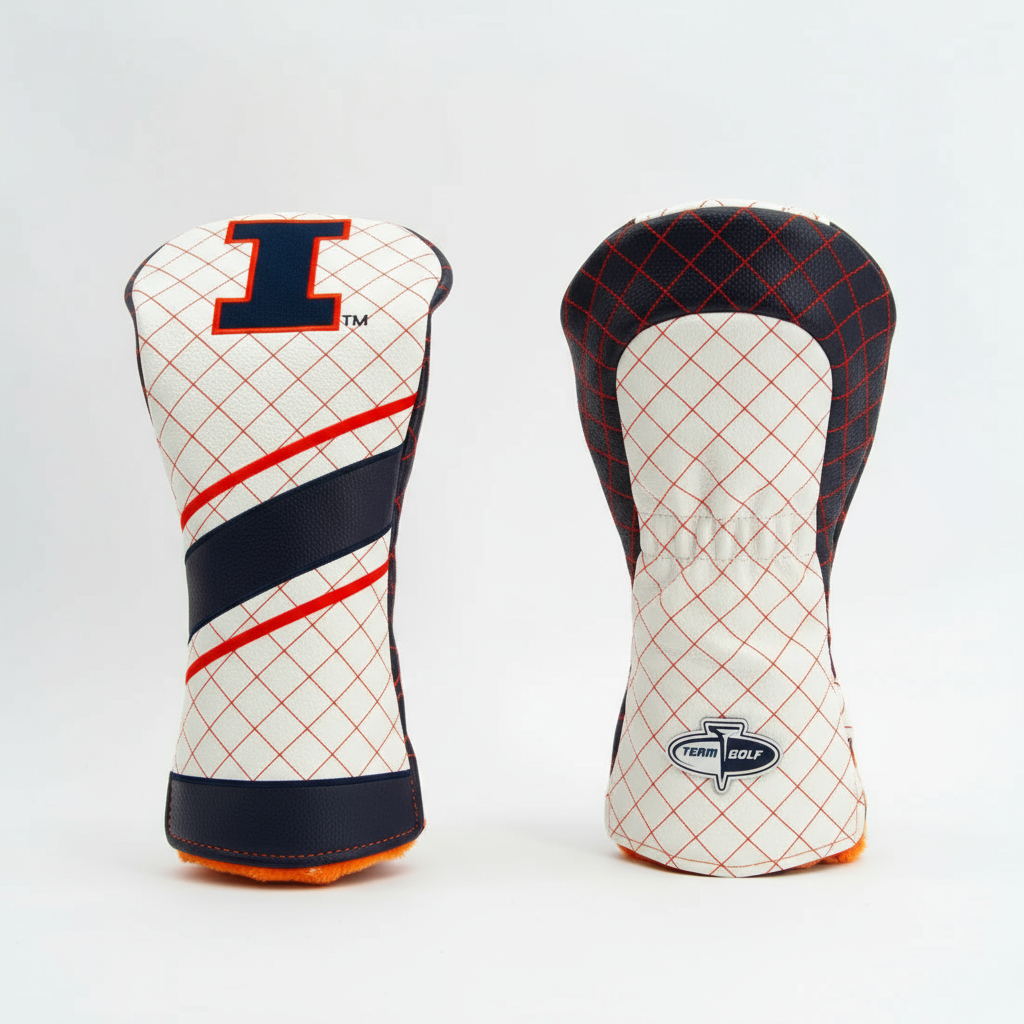 Two golf club head covers with grid pattern and brand logos on a white background