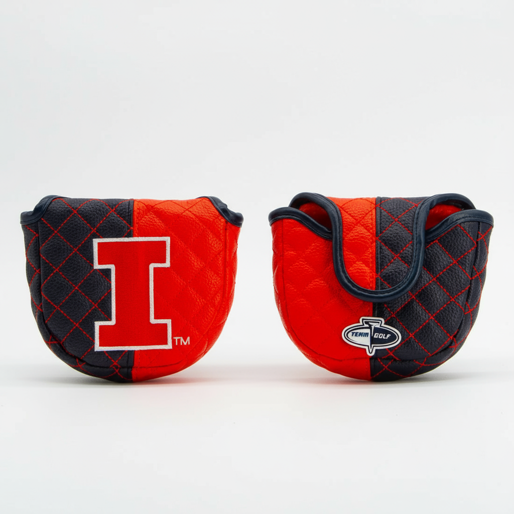 Two red and black quilted golf club covers with logos on a white background