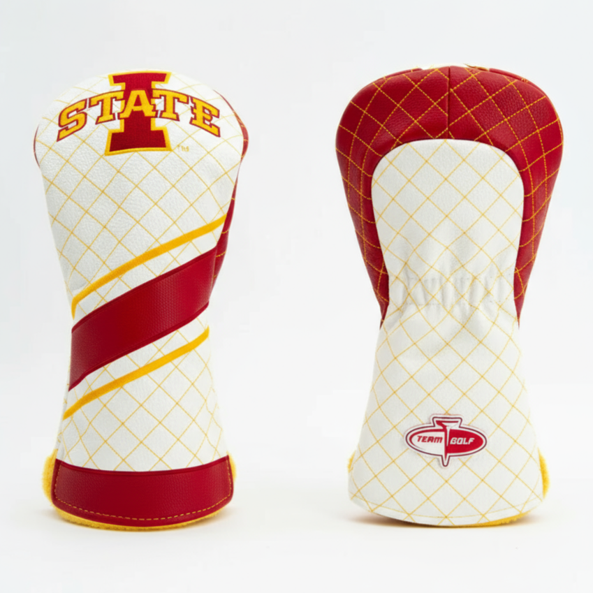 Two golf club head covers with Iowa State logo on a white background