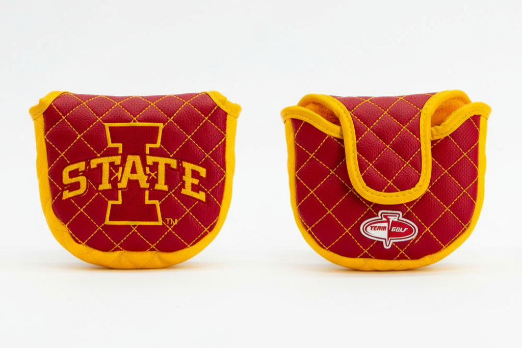 Two red and yellow golf club covers with 'Iowa State' and 'Tee It Right' logos on a white background.