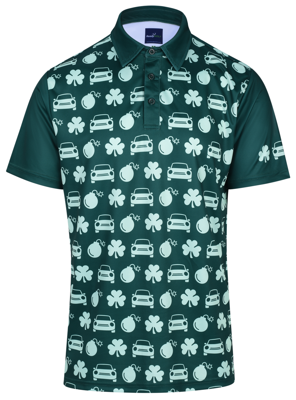 ReadyGOLF Irish Car Bombs dark green polo with pale car, bomb and shamrock graphics