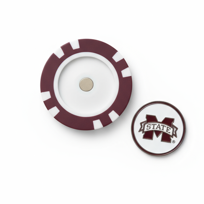 Two circular objects with a maroon and white design on a white background