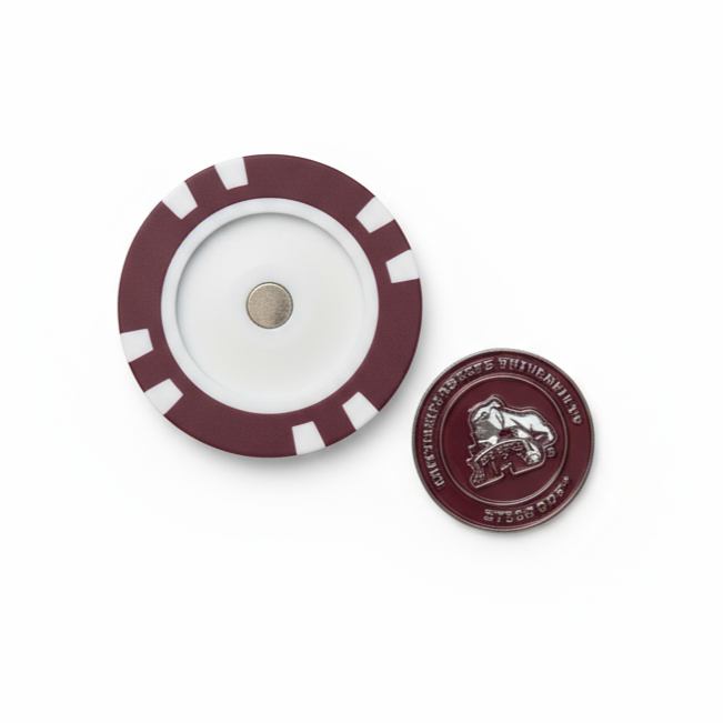 Maroon and white circular object with a logo on a white background