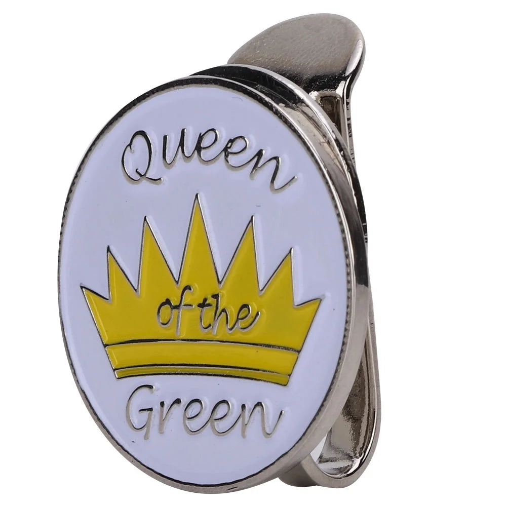 Silver golf ball marker clip with yellow crown and 'Queen of the Green' text on white round disc and metal clip