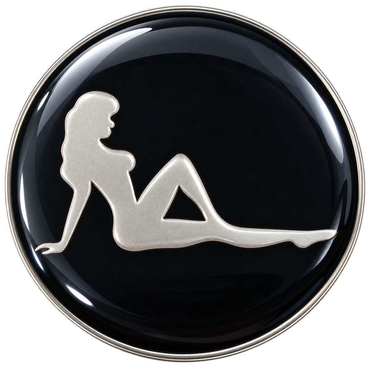 Round black ReadyGOLF Mudflap Girl ball marker with silver-colored seated silhouette