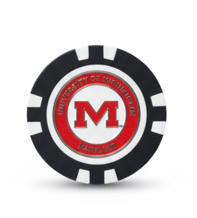 Circular logo with a red 'M' on a white background