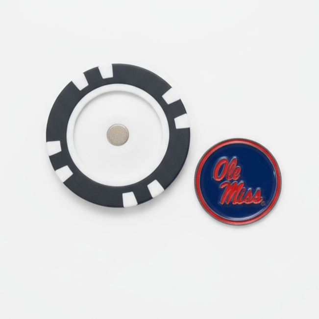 Two circular objects on a white background, one with a black rim and white center, the other with 'Oh Miss' text.