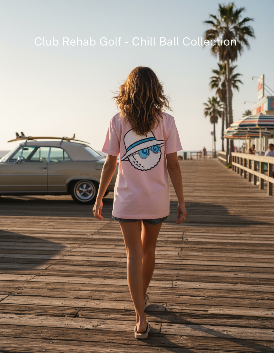 Woman walking on a wooden boardwalk with palm trees and a vintage car in the background, wearing a pink t-shirt with a graphic design.
