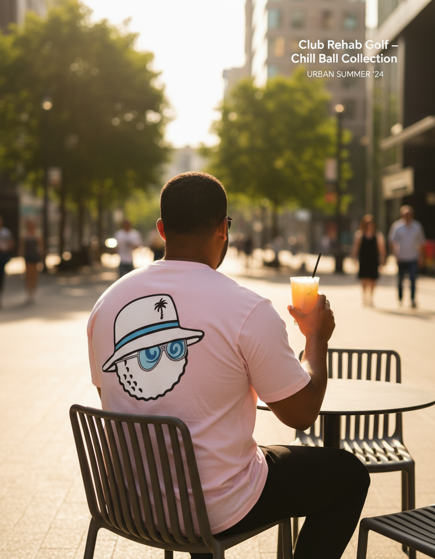 Man sitting outdoors holding a drink, wearing a pink t-shirt with a graphic design.