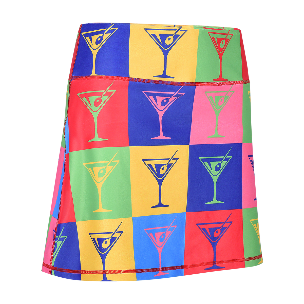 ReadyGOLF Shaken Not Stirred women’s golf skort with martini-glass motifs in colorful squares