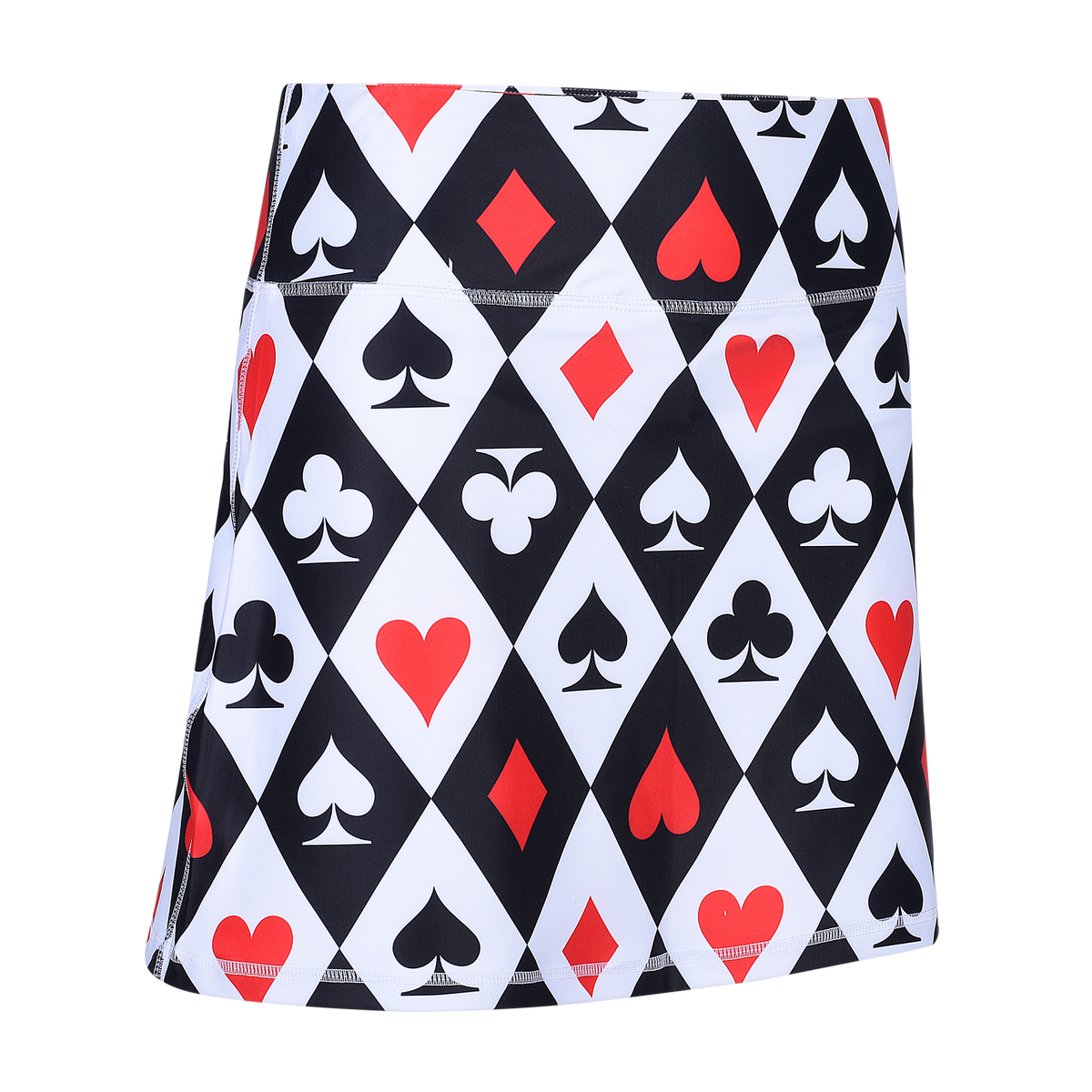 ReadyGOLF Casino Royale women’s golf skort with red and black playing-card suits