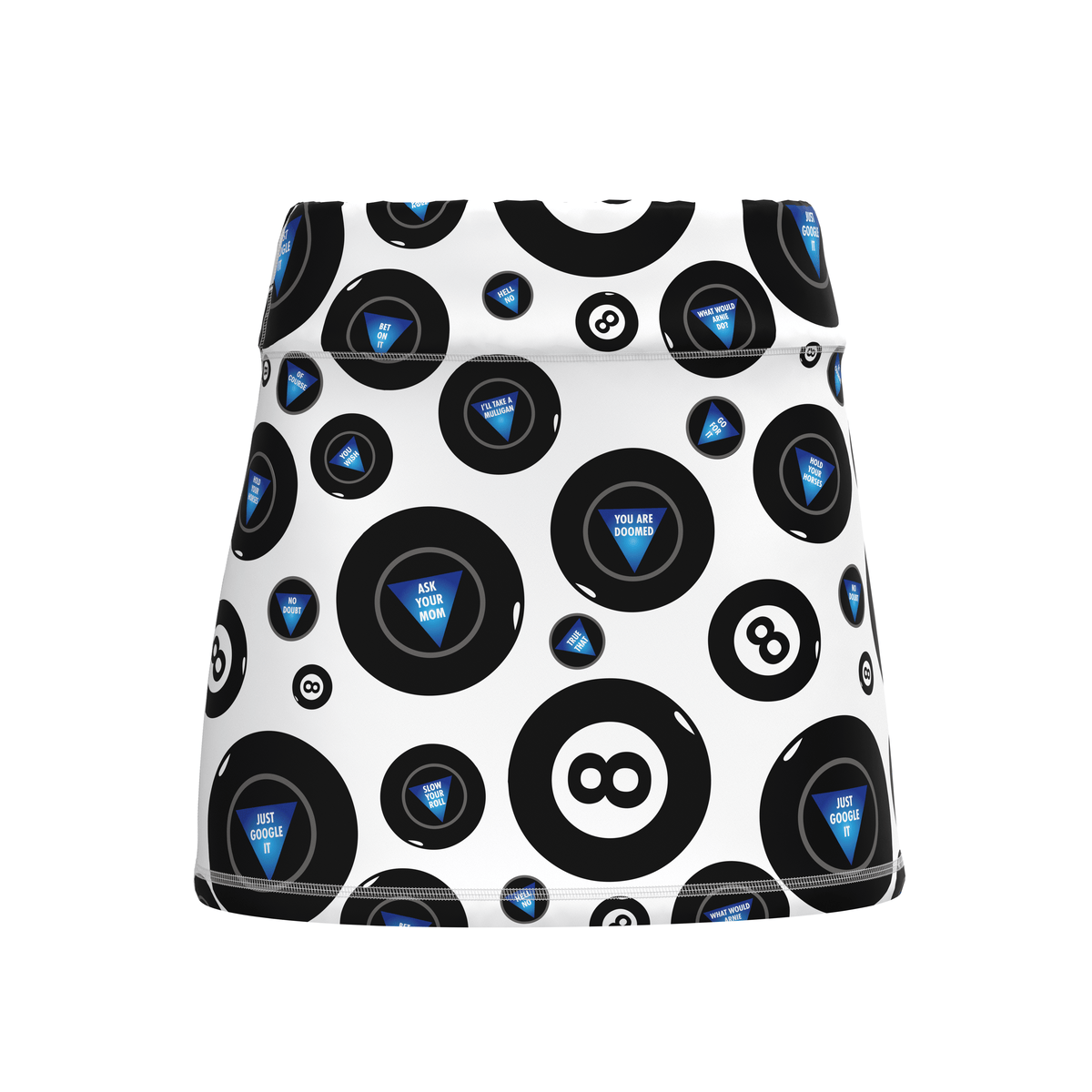 ReadyGOLF Mystic 8 Ball women’s golf skort with black 8-ball motifs on white