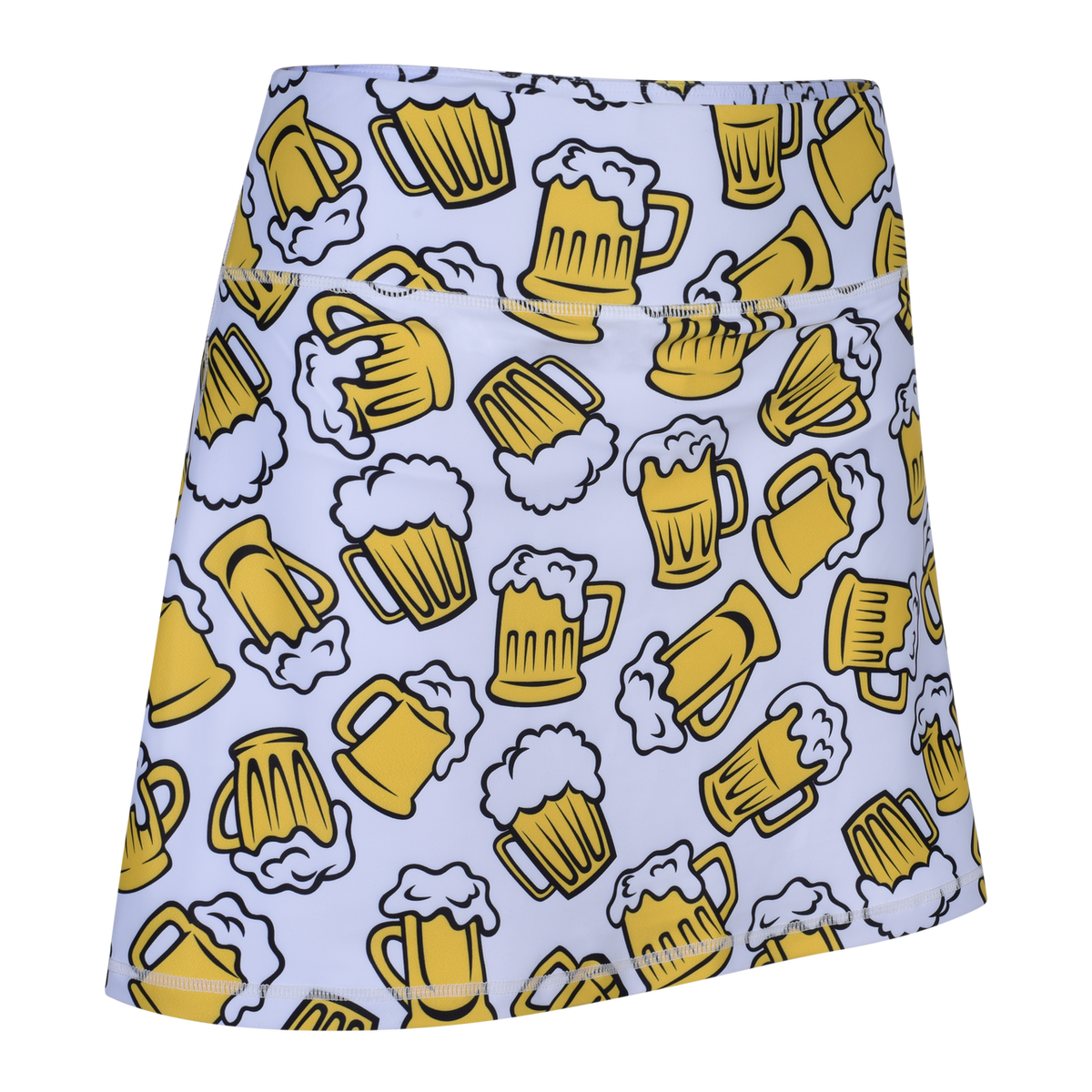 ReadyGOLF Beer Me women’s golf skort with yellow beer mugs on white