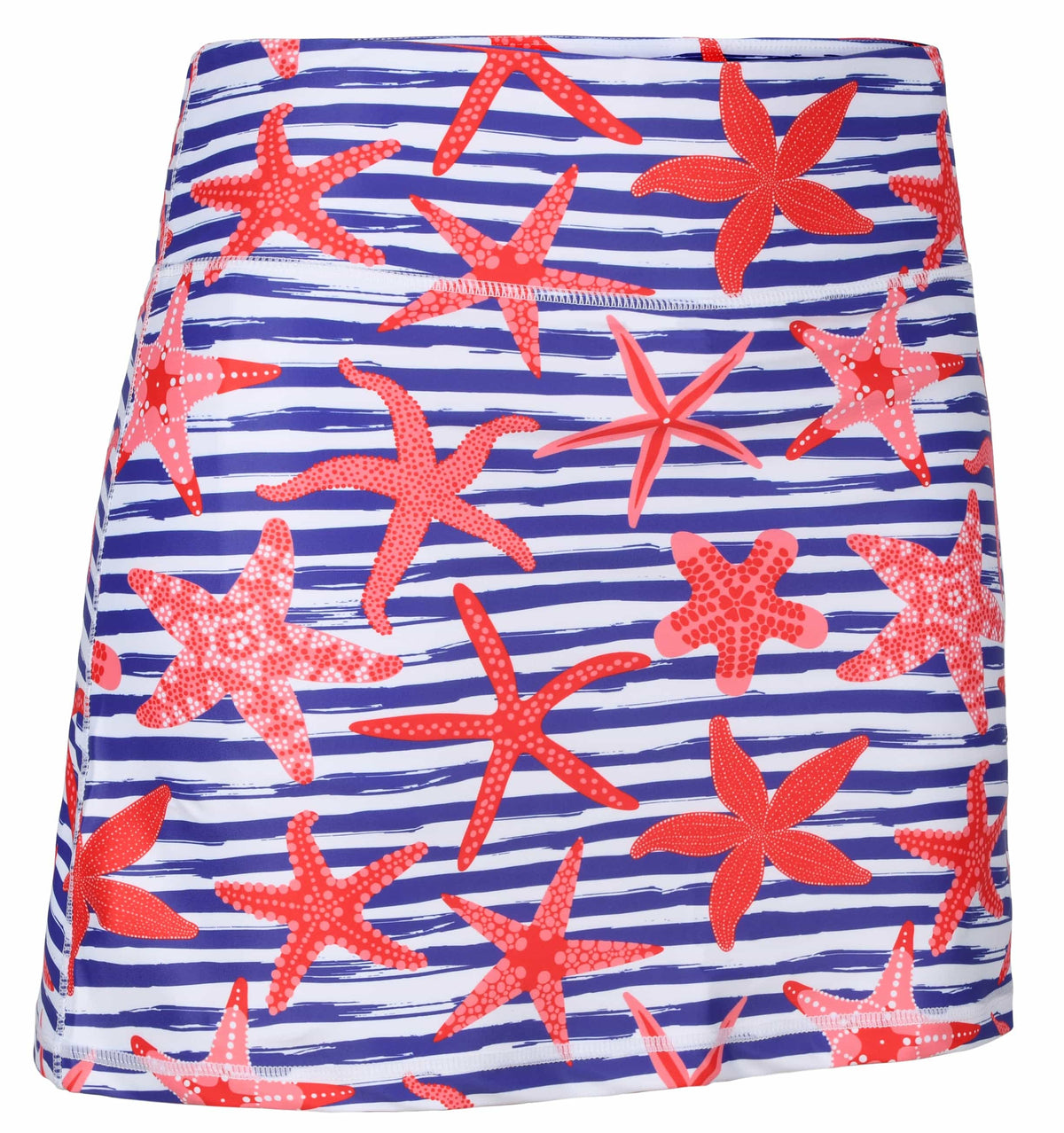 ReadyGOLF Rip Tide women’s golf skort with red starfish over blue and white stripes