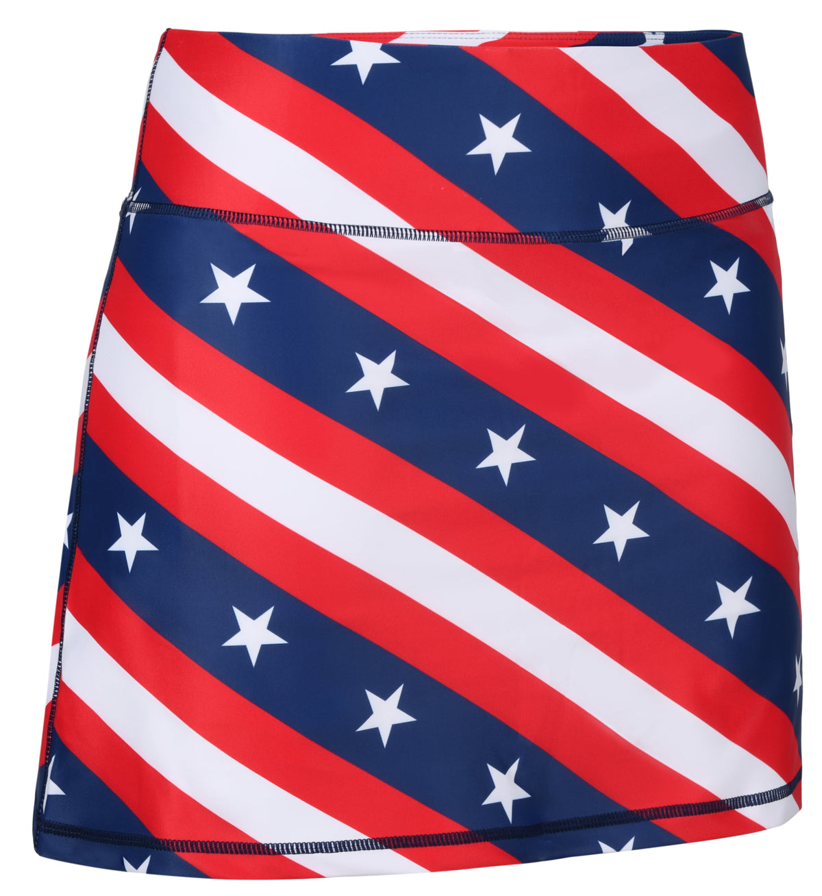 ReadyGOLF USA Stars & Bars women’s golf skort with diagonal red and white stripes with white stars on navy