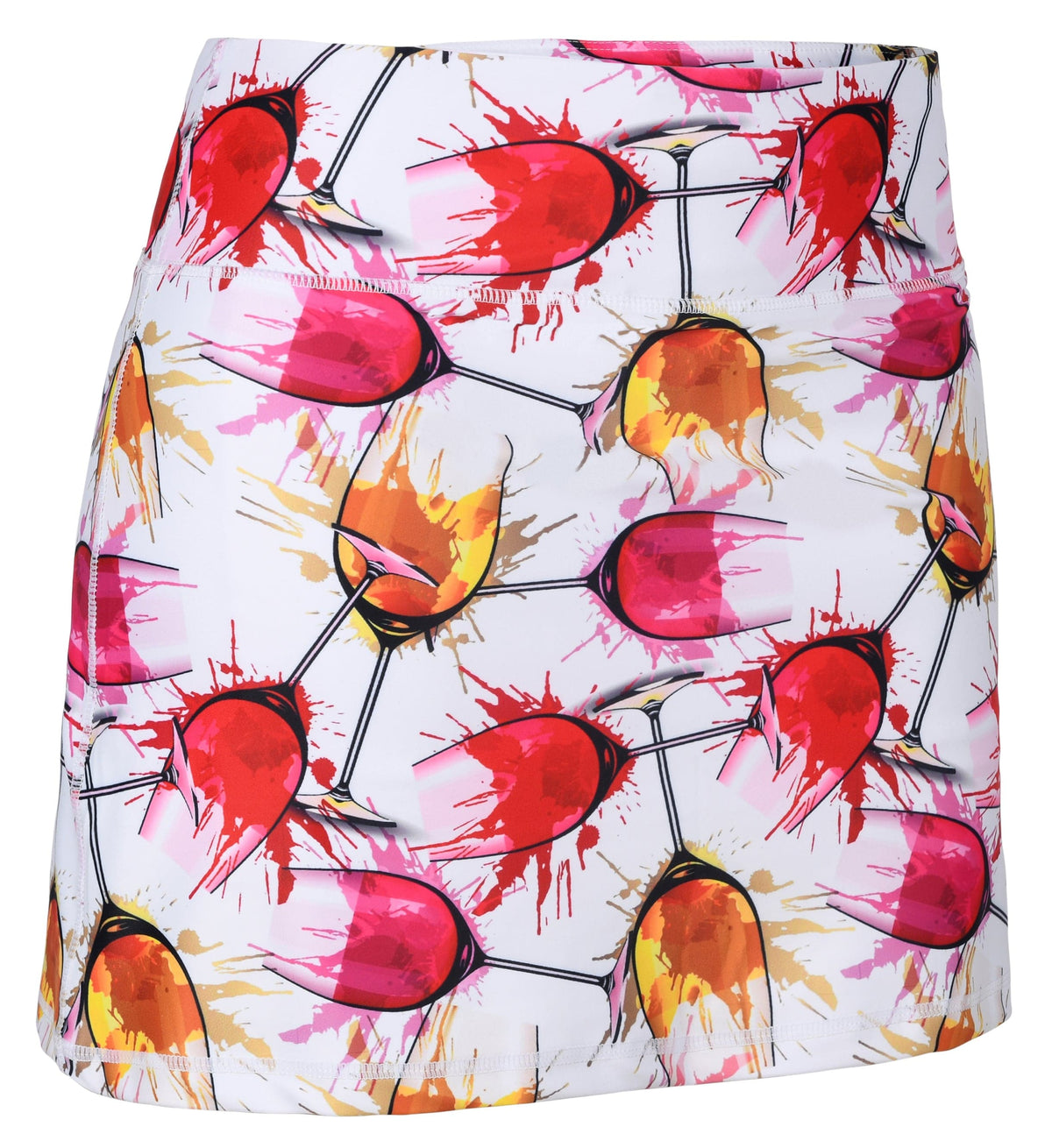 ReadyGOLF Wine Splash women’s golf skort with colorful wine-glass illustrations