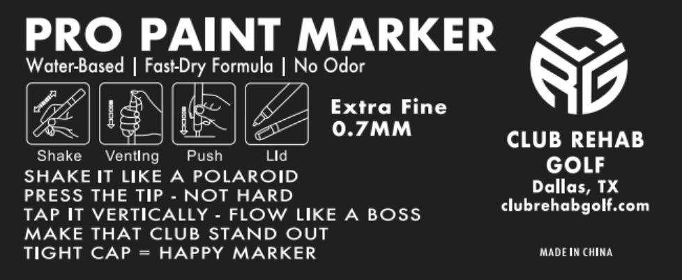 Label for Club Rehab Golf pro paint marker with text and icons on a black background
