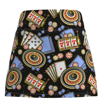 ReadyGOLF Vegas Baby women’s golf skort with roulette, slot-machine and playing-card motifs