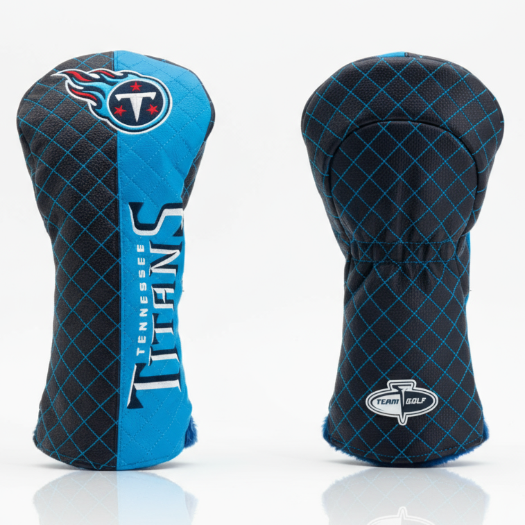 Two golf club head covers with Tennessee Titans branding on a white background