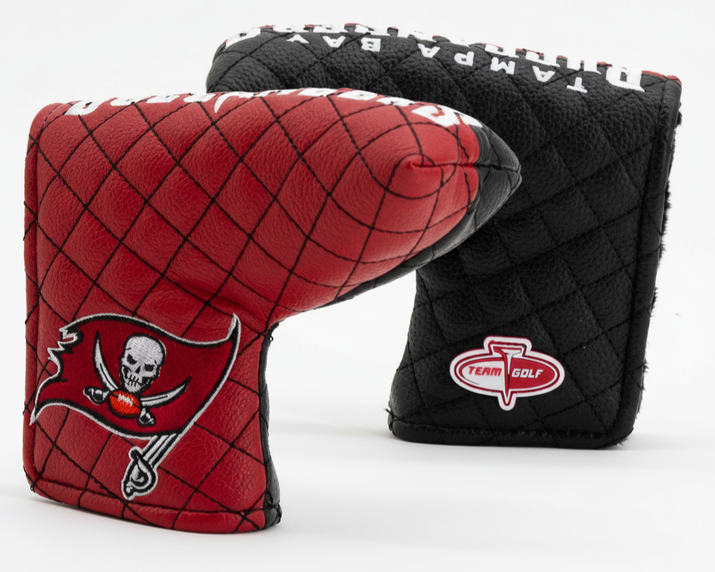 Red and black quilted golf club covers with logos on a white background