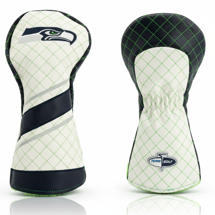 Two golf club head covers with logos on a white background