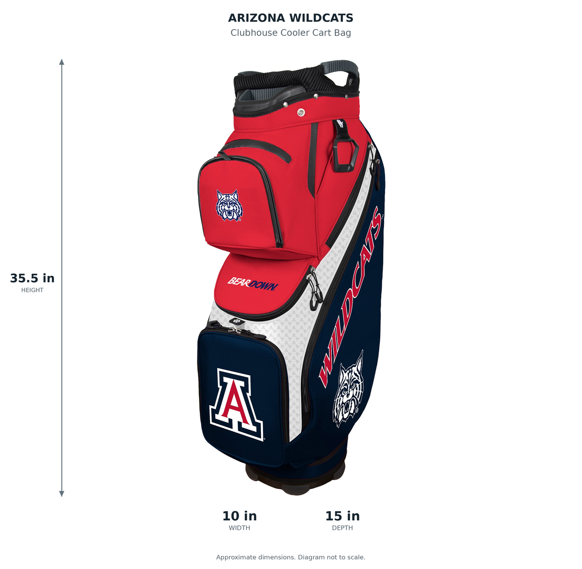Arizona Wildcats Clubhouse Cooler Cart Bag - approximate dimensions: 35.5 inches high, 10 inches wide, 15 inches deep