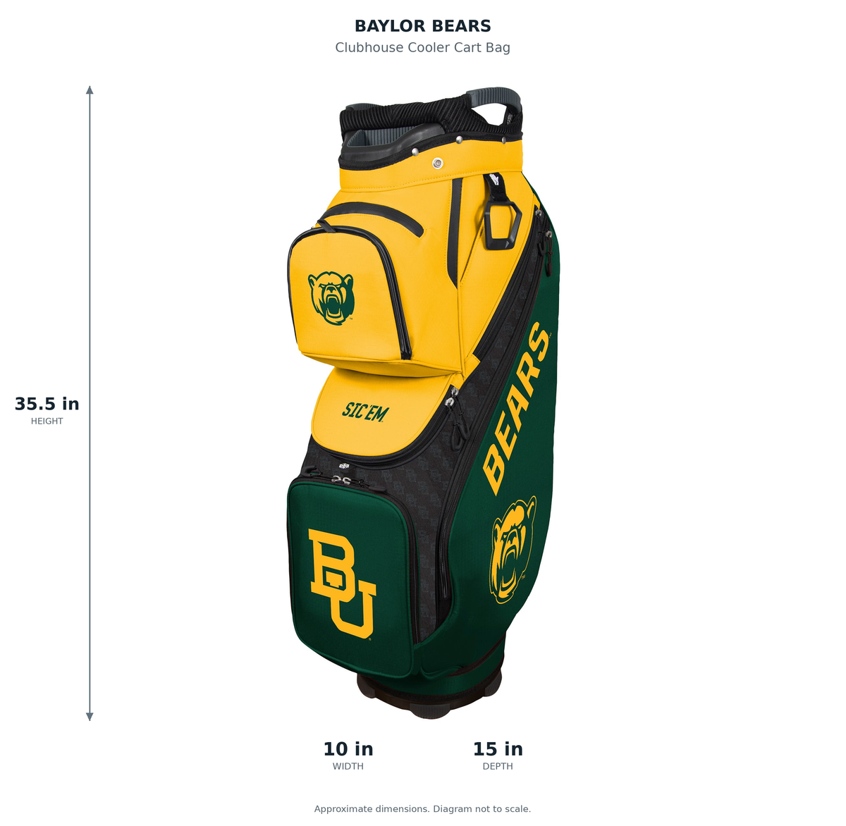 Baylor Bears Clubhouse Cooler Cart Bag - approximate dimensions: 35.5 inches high, 10 inches wide, 15 inches deep