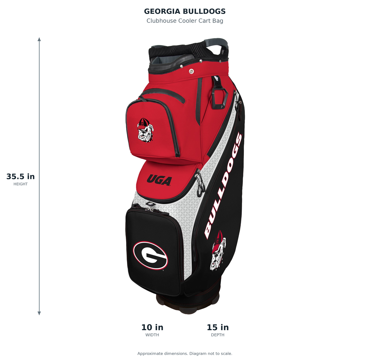 Georgia Bulldogs Clubhouse Cooler Cart Bag - approximate dimensions: 35.5 inches high, 10 inches wide, 15 inches deep