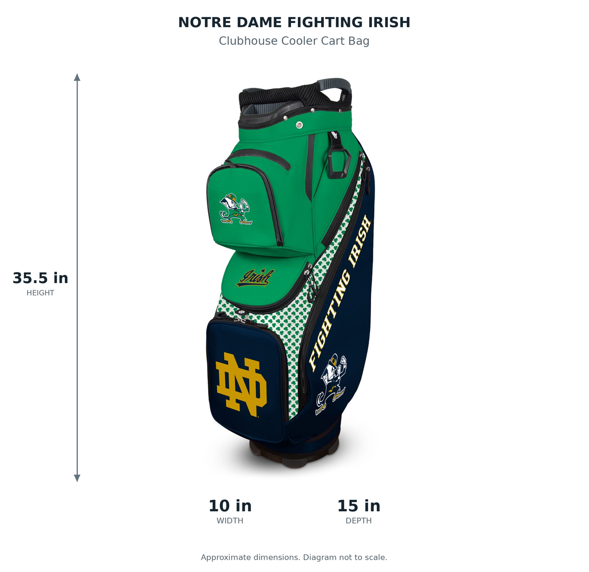 Notre Dame Fighting Irish Clubhouse Cooler Cart Bag - approximate dimensions: 35.5 inches high, 10 inches wide, 15 inches deep